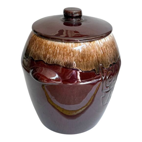 VTG McCoy Brown Drip COOKIE JAR Canister & Lid 9.25" Bean Pot Handles 60's Style - Picture 2 of 7